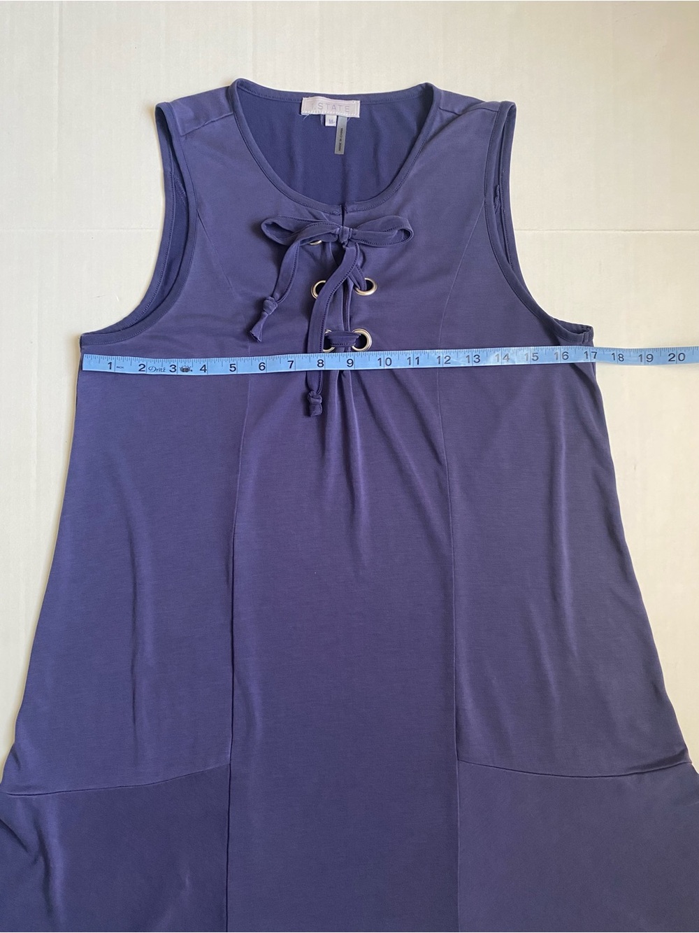 1.STATE Blue Lace-Up Sleeveless Shift Dress Knit Flounce Size Medium EUC - Picture 5 of 6